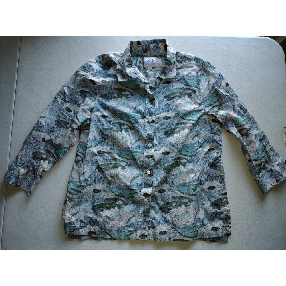We. Youandme Janet‎ Cotton Button Down Shirt Blue Landscape Rainbow Print Size M
